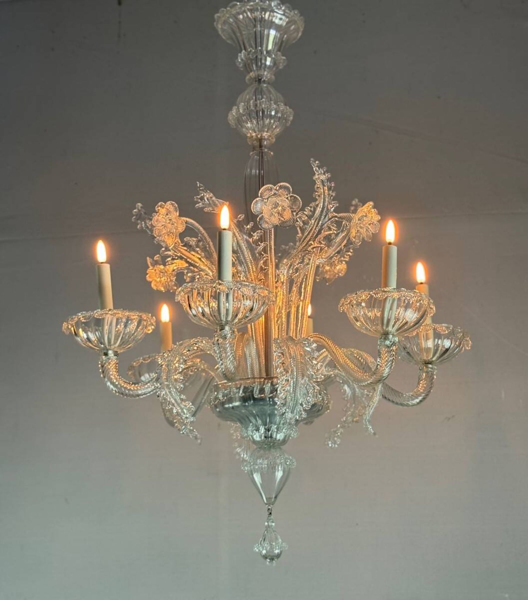 Venetian chandelier in colorless Murano glass, 6 light arms, circa 1940