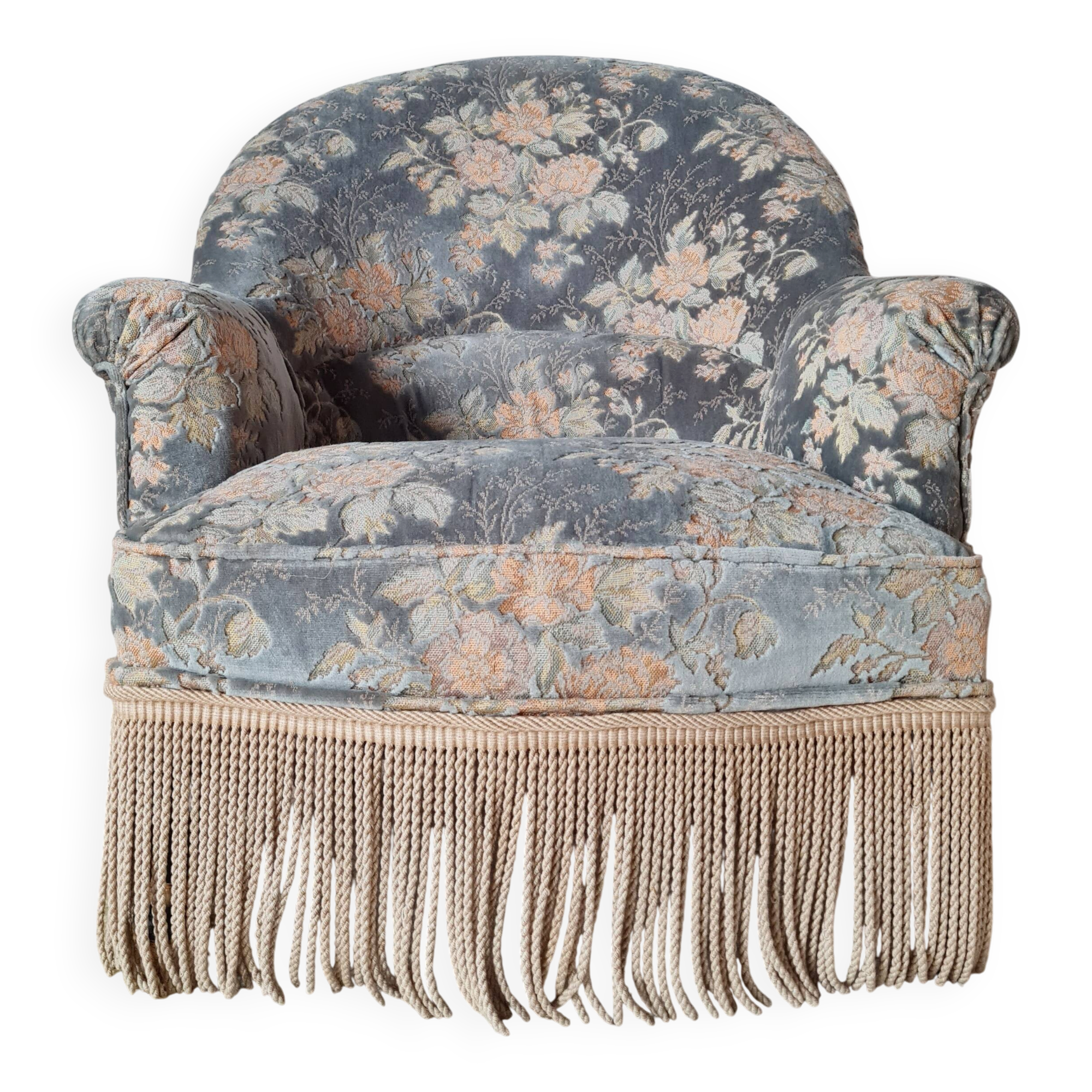 Fauteuil crapaud ancien velours fleuri avec franges