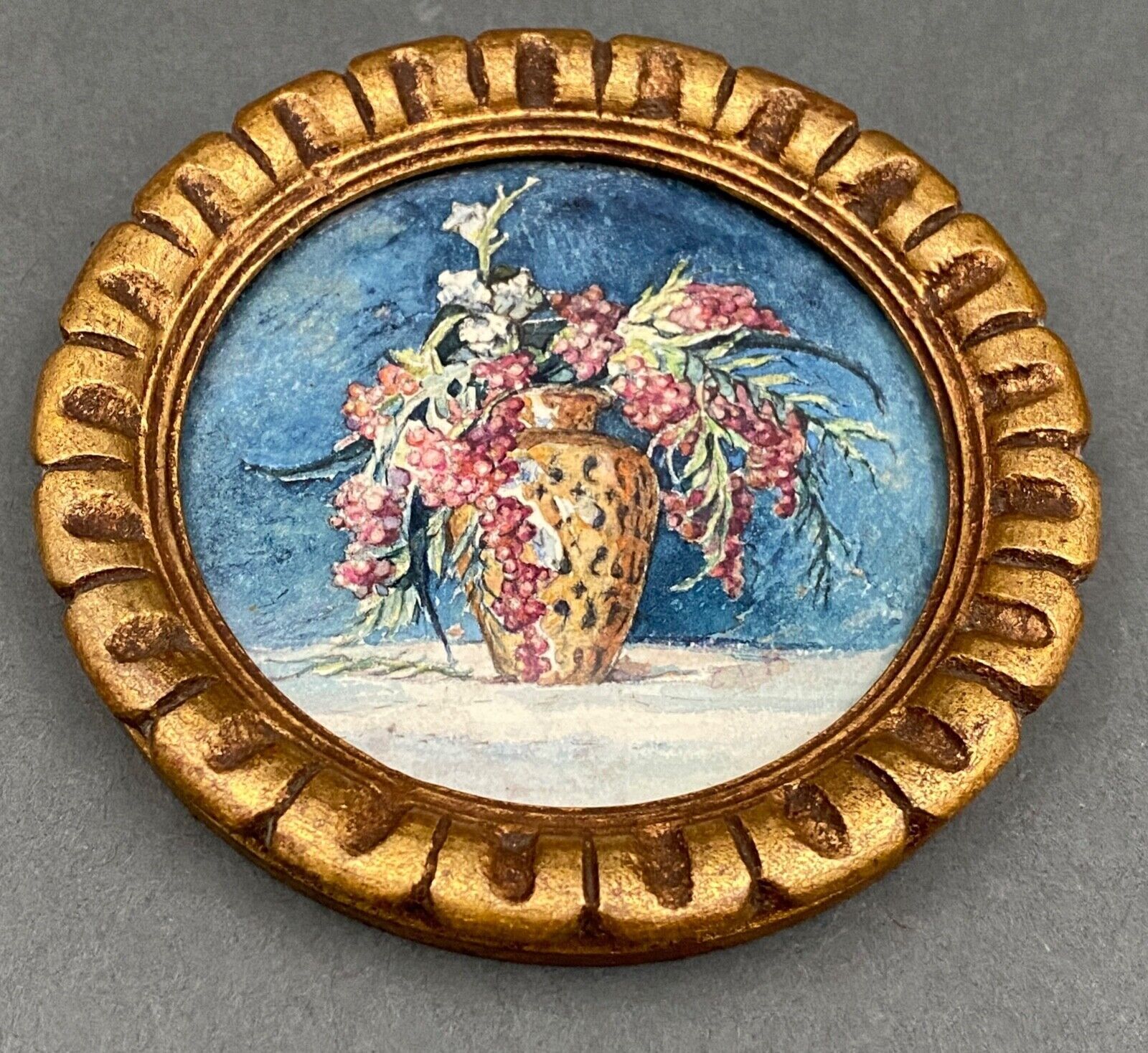 Miniature on paper still life bouquet of flowers golden frame 1900