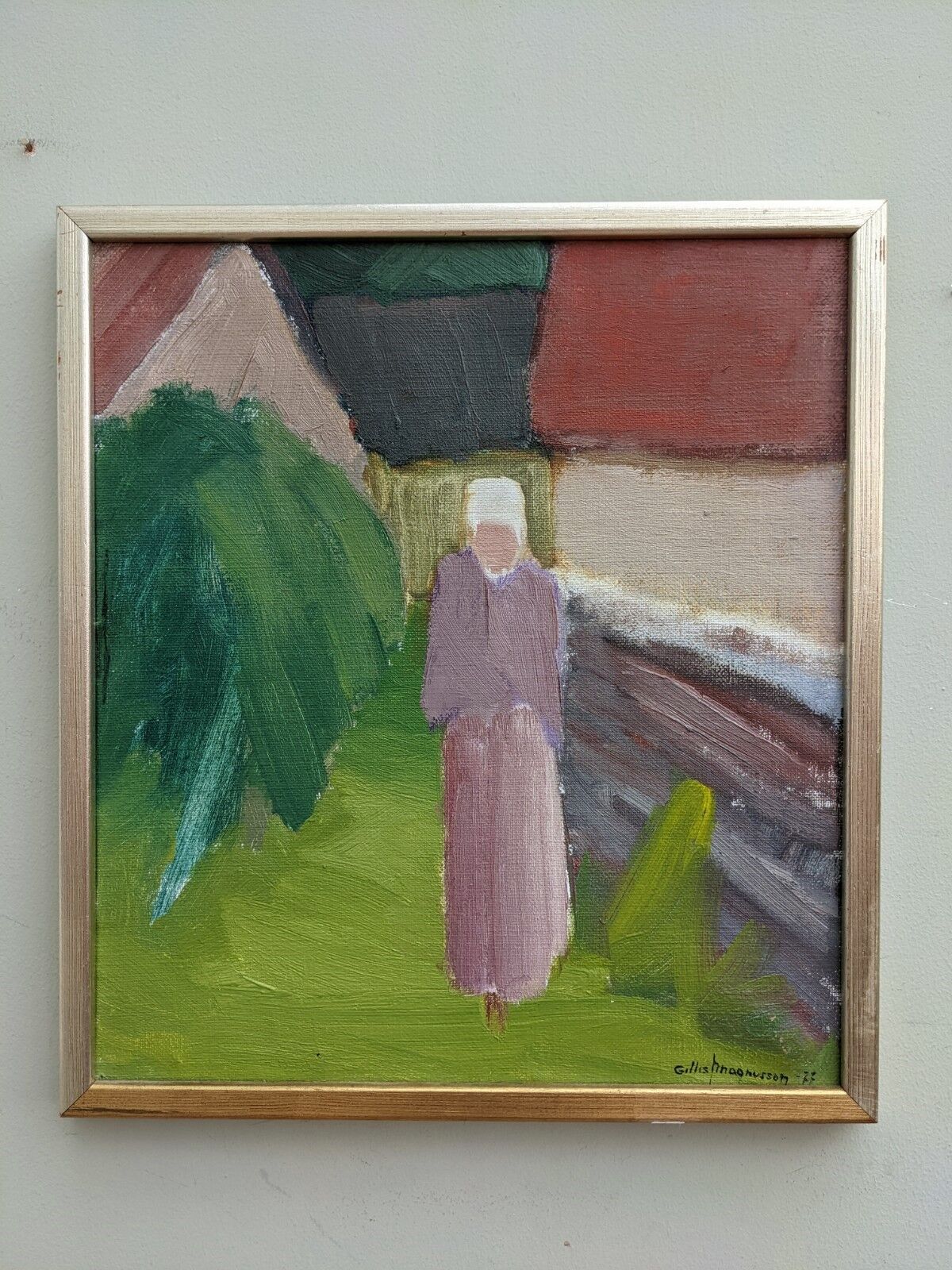 1977 Mid-Century Modern "Pensive Walk" Swedish Figurative Oil Painting, Framed