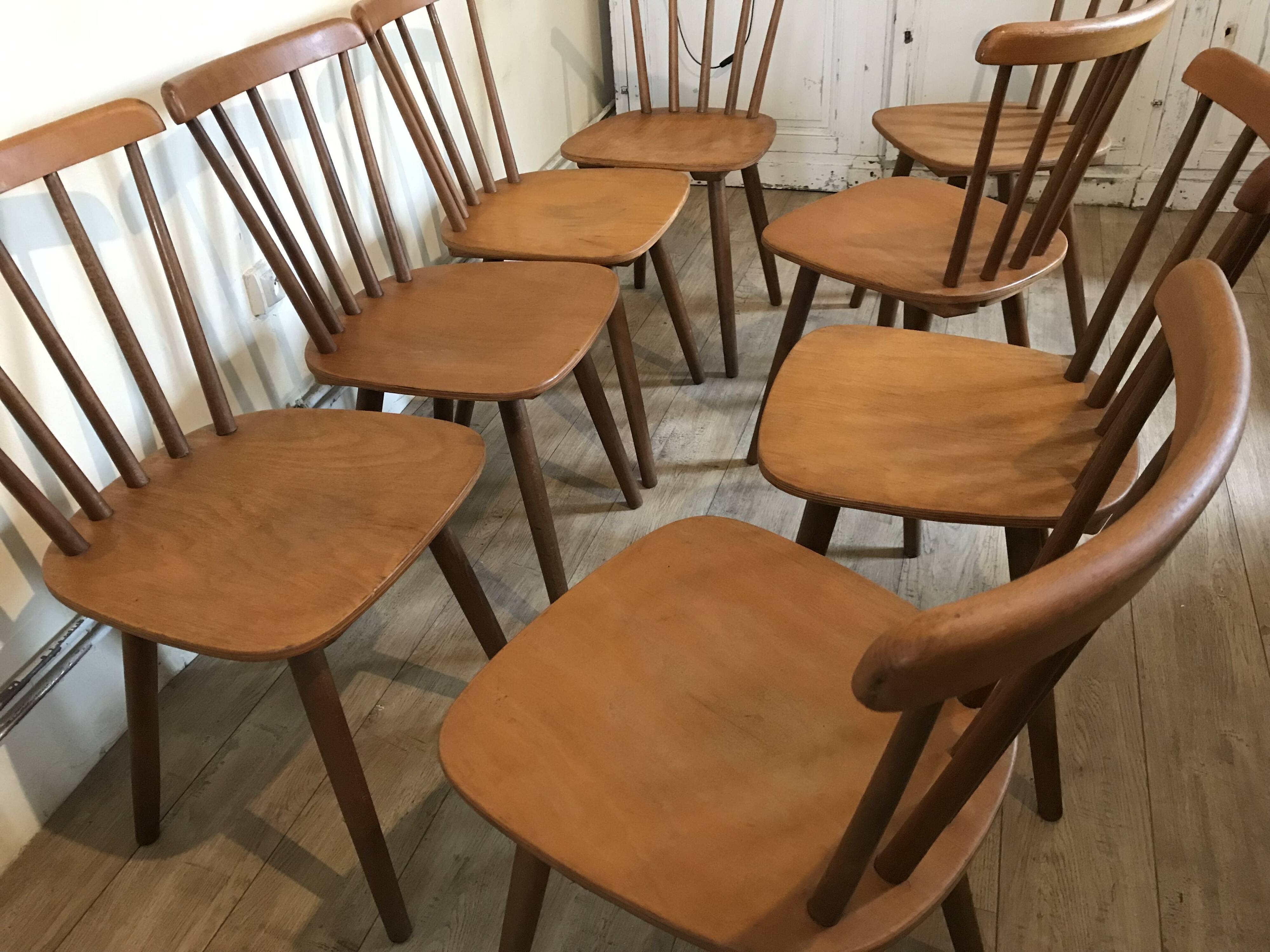 Set of 8 vintage chairs with bars and compass legs 1960