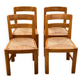 4 chaises brutalistes Maison Regain bois massif paillées