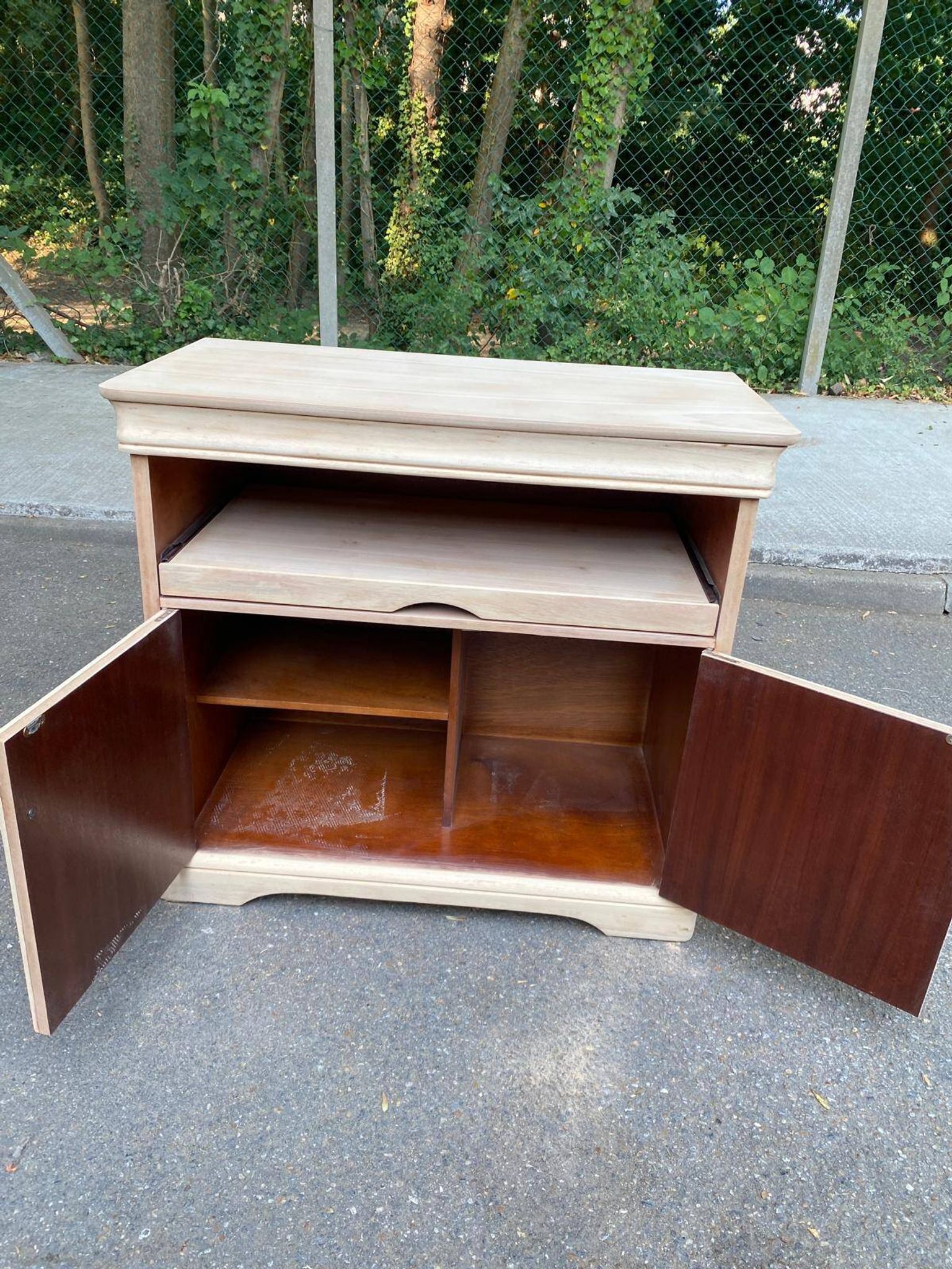 Louis Philippe buffet with 2 doors, stripped raw wood TV unit.