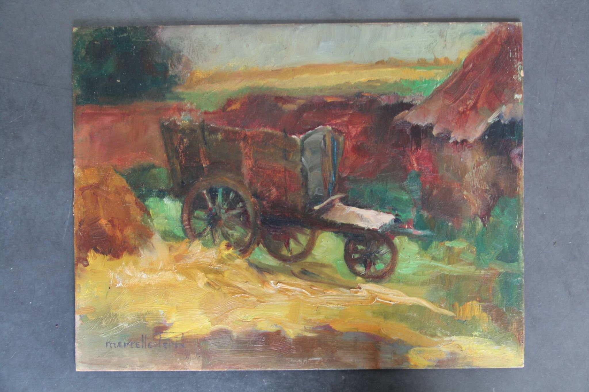 Oil painting on cardboard: cart in the countryside