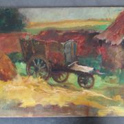 Oil painting on cardboard: cart in the countryside