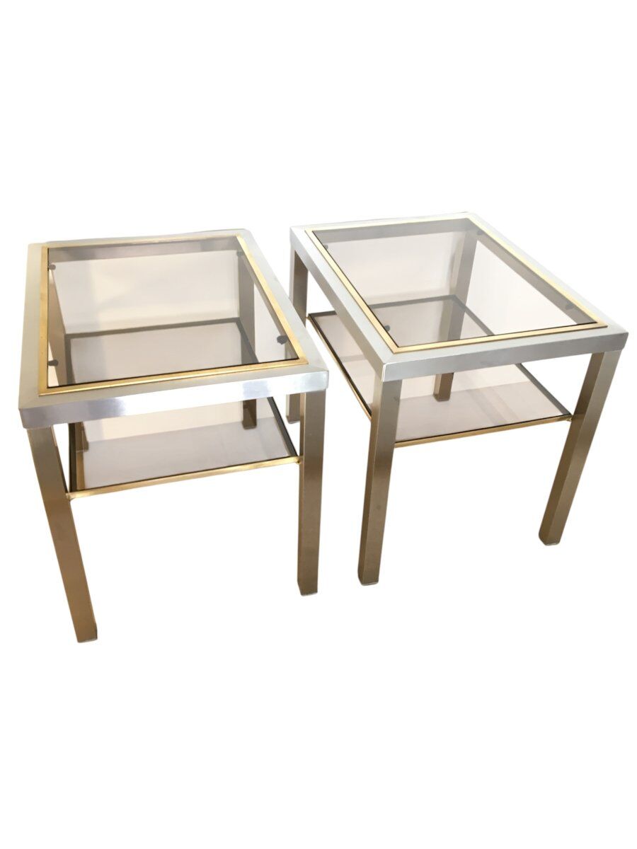 Pair of Brushed Steel Side Tables, Smoked Glass by Guy Lefèvre