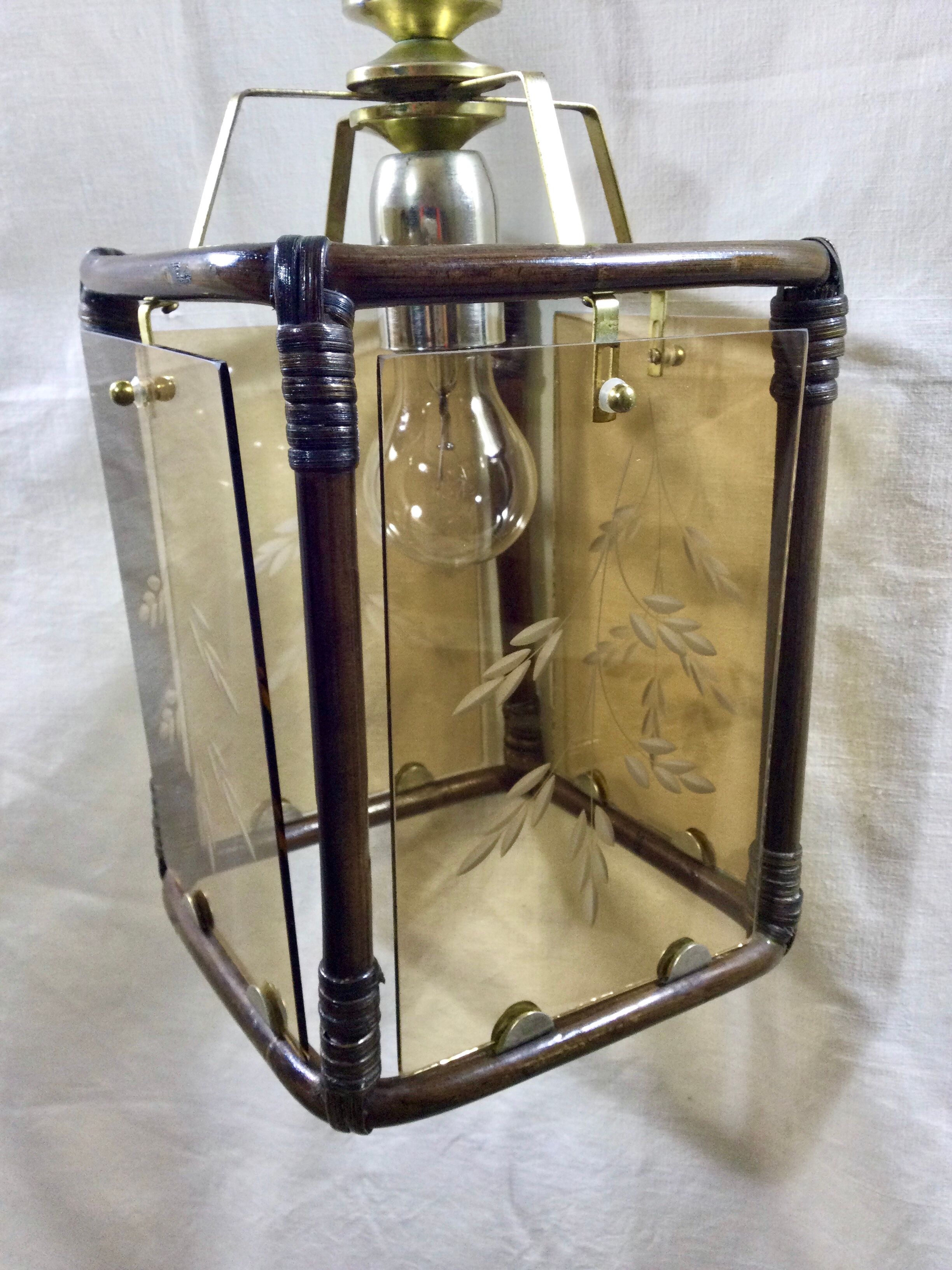 Lantern 1 light bamboo and smoked glasses