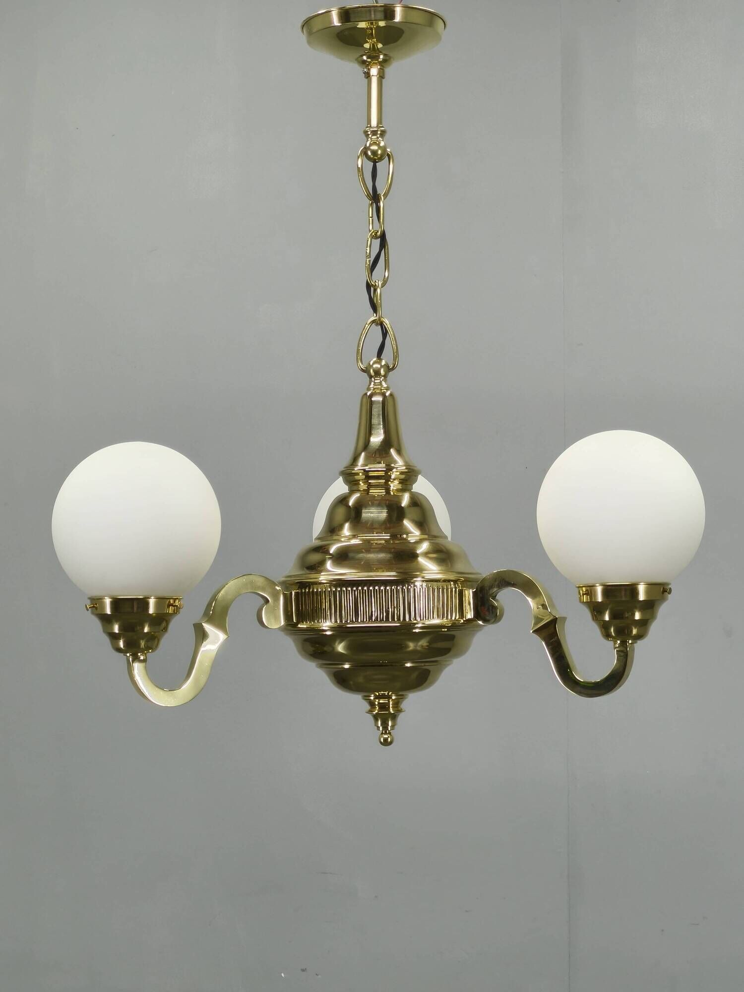 1930s Czech Neo-Baroque Brass Chandelier with Opaline Glass Globes