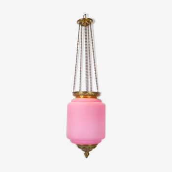 Suspension en verre opaline rose avec bord en laiton 1860