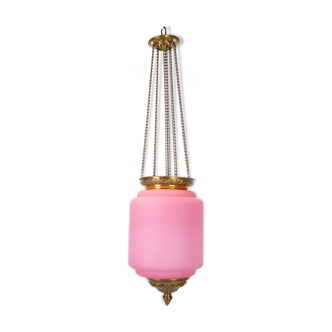 Antique pendant of pink opaline glass with brass edge 1860