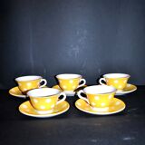 Set of 5 vintage yellow polka dot earthenware cups from Sarreguemines Digoin 1940-1950