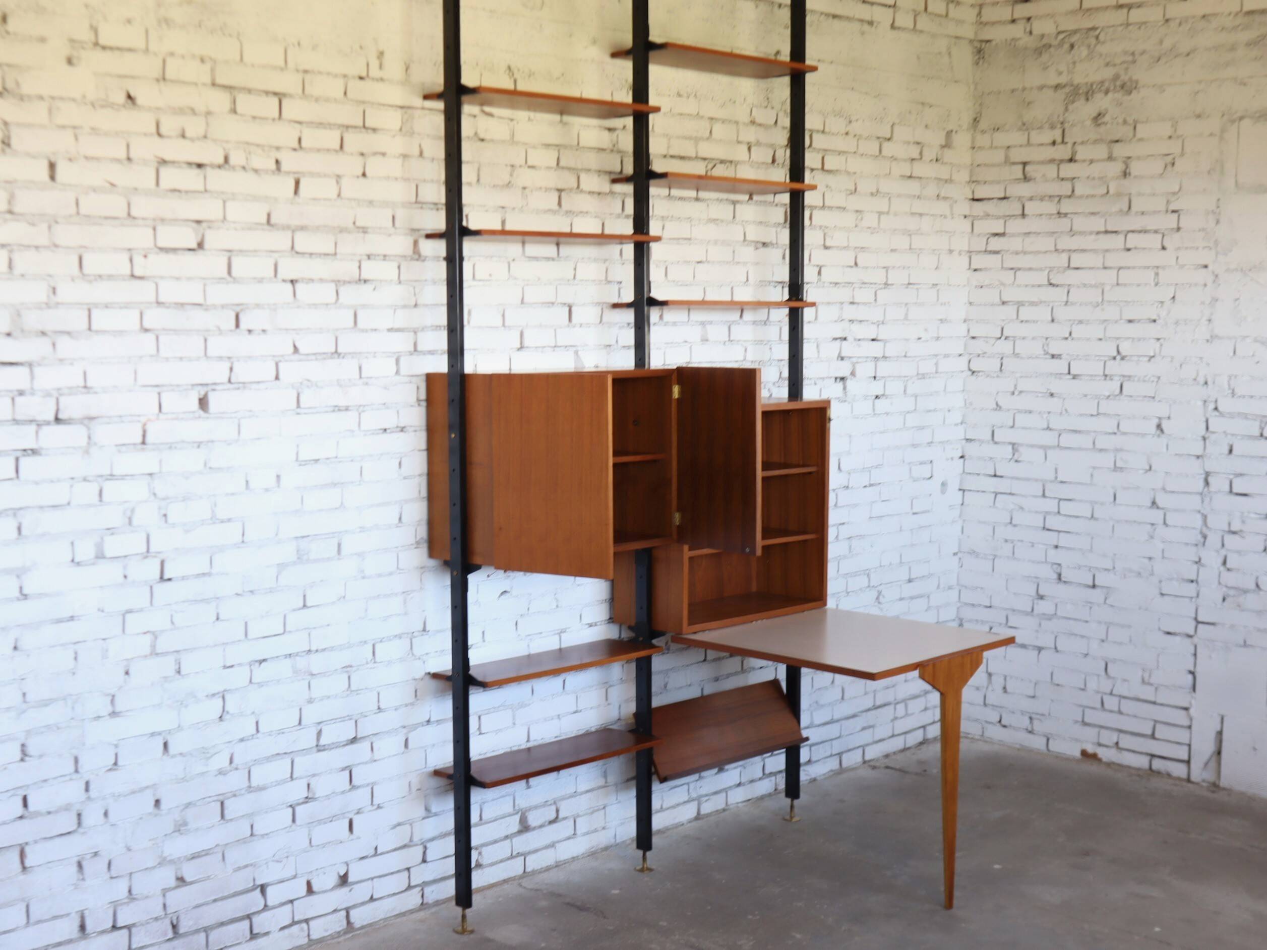 1950s mid-century wall unit teak and iron folding desk & cabinet module