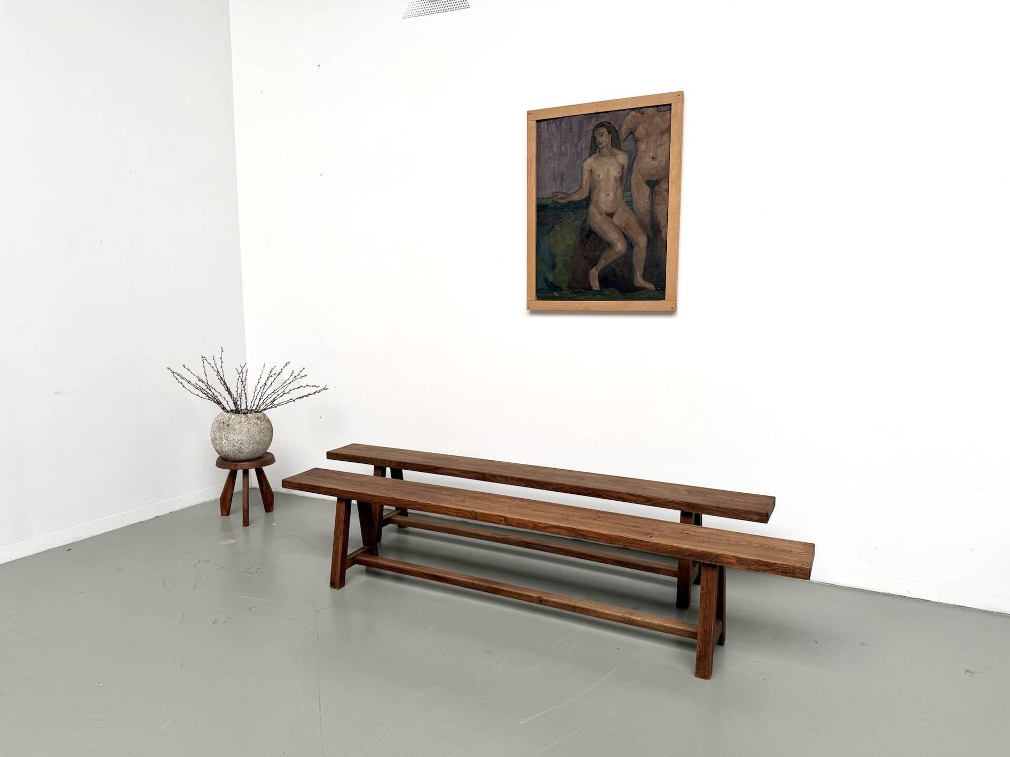 Pair of XL size benches in solid oak, 1950s.