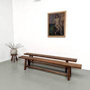 Pair of XL size benches in solid oak, 1950s.