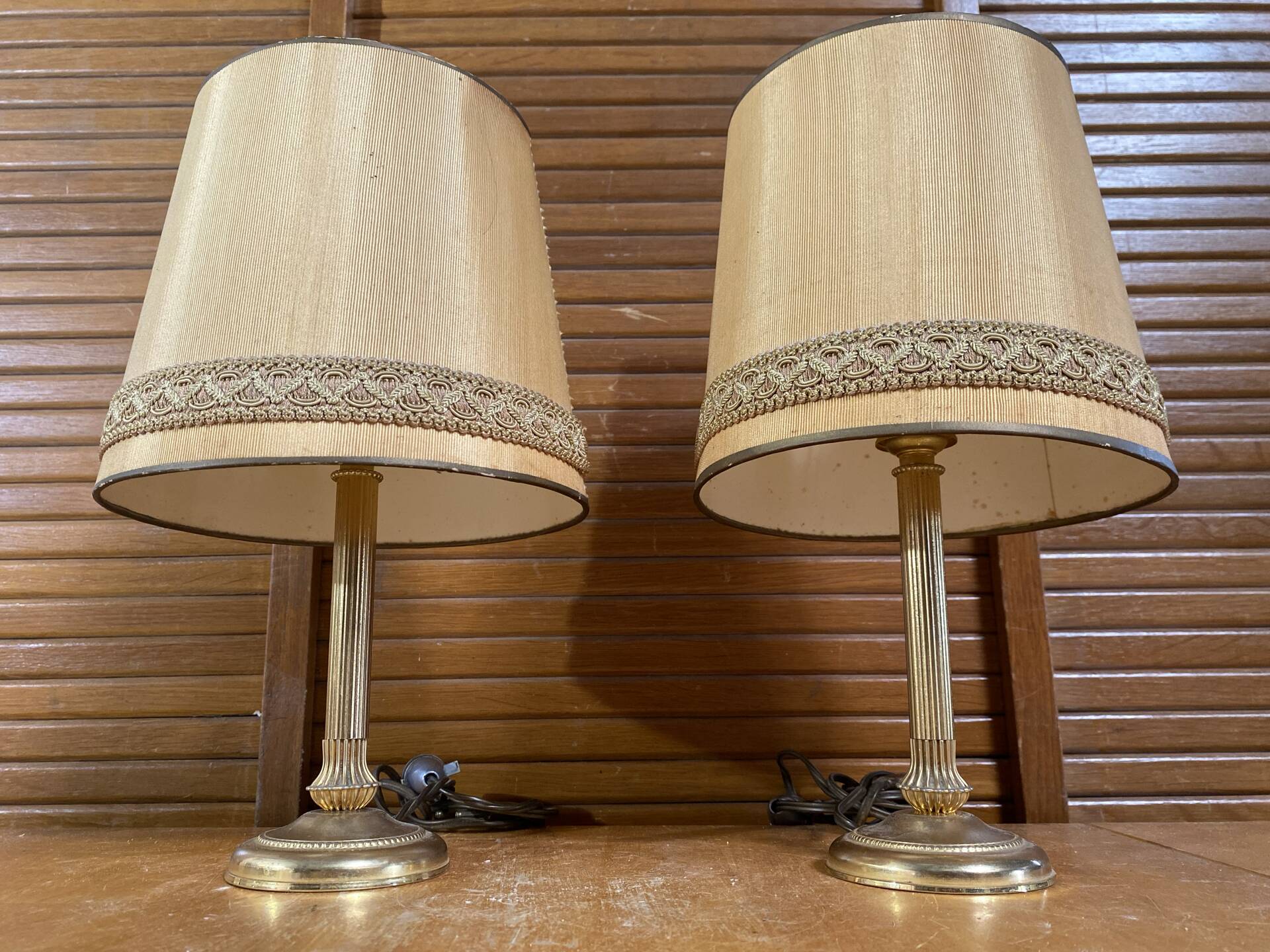 Pair of Empire Style Table Lamps Column Shape Golden Metal Vintage France