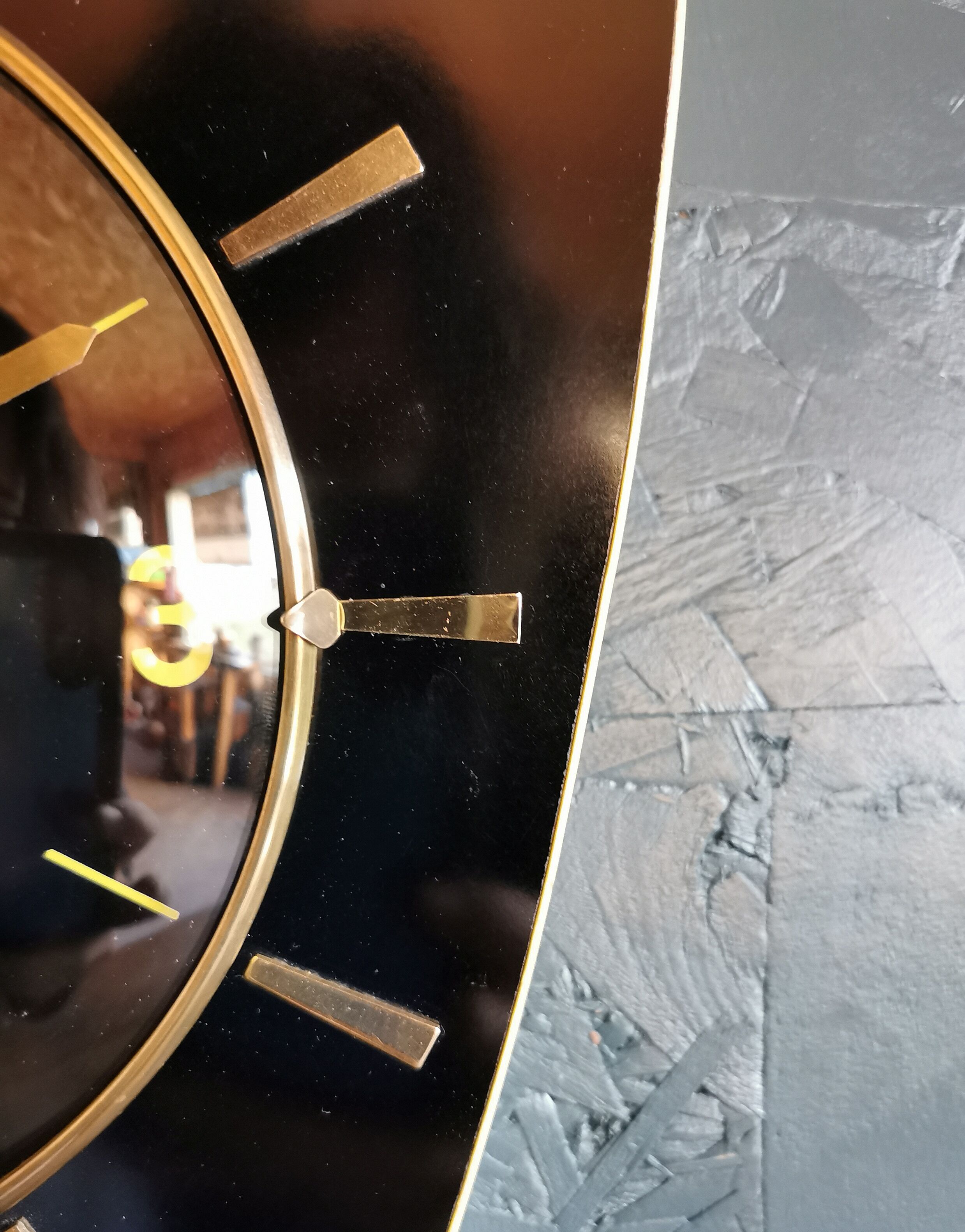 Vintage formica clock asymmetrical silent wall clock "Jaz black yellow"