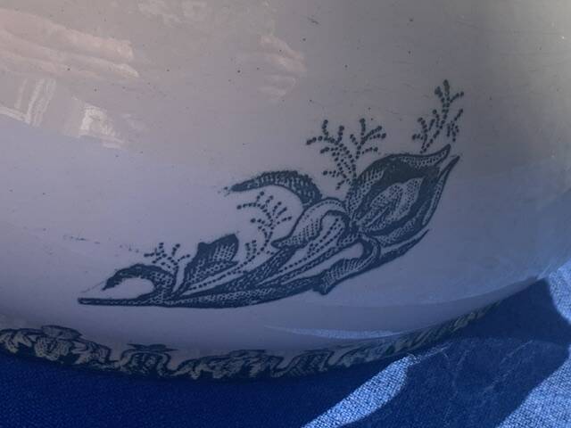 Soup tureen base, old salad bowl, iron earth with blue iris pattern, 19th century, collector's item