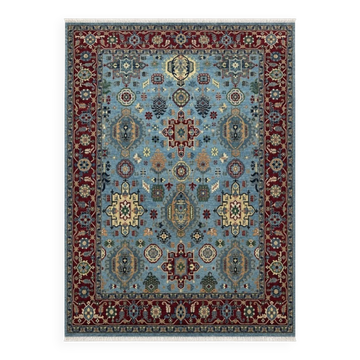 Hand-Knotted Wool Area Rug, Modern Floral Design Blue Carpet for Living Room