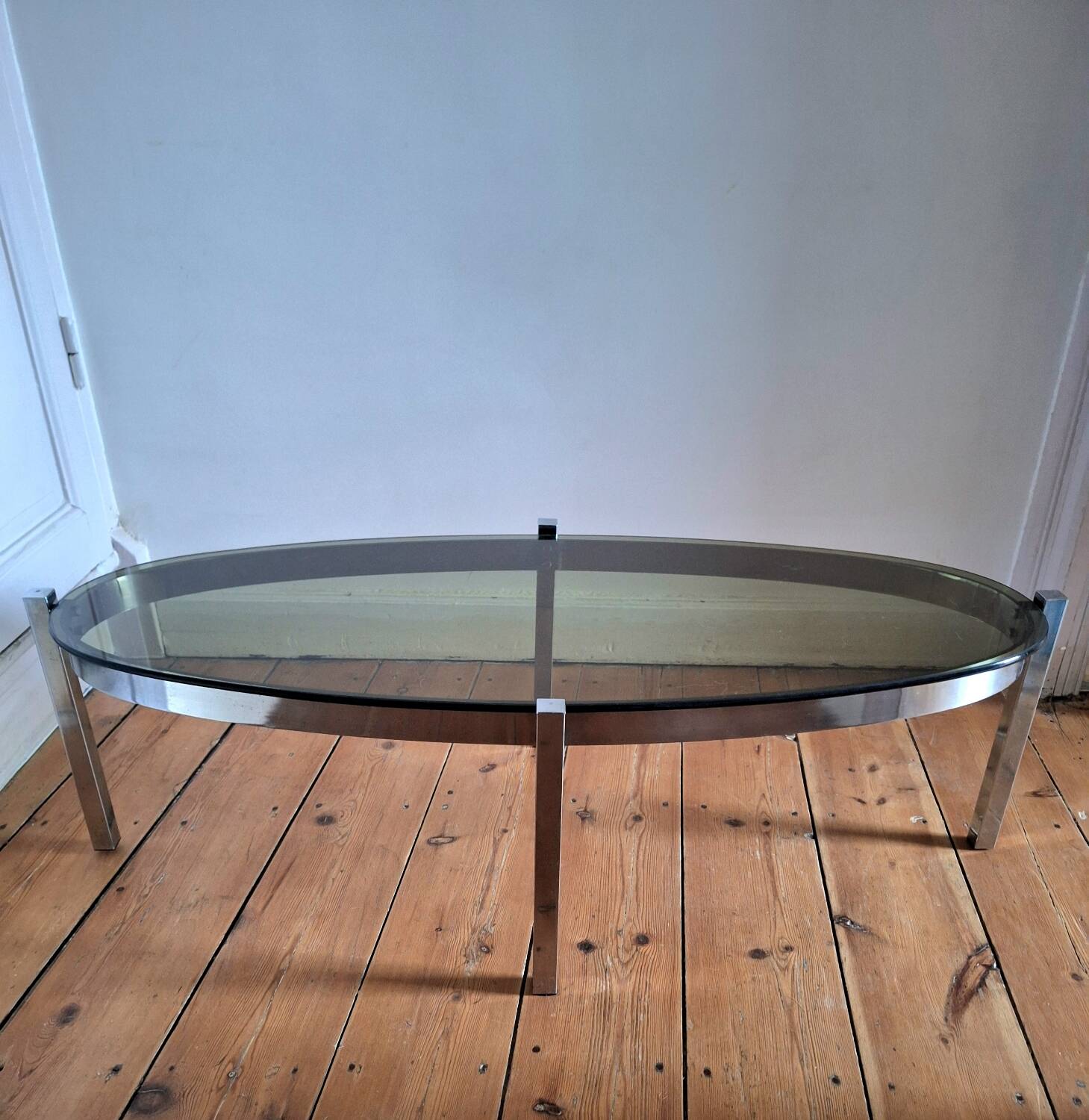 Vintage oval chrome and smoked glass coffee table, antique furniture