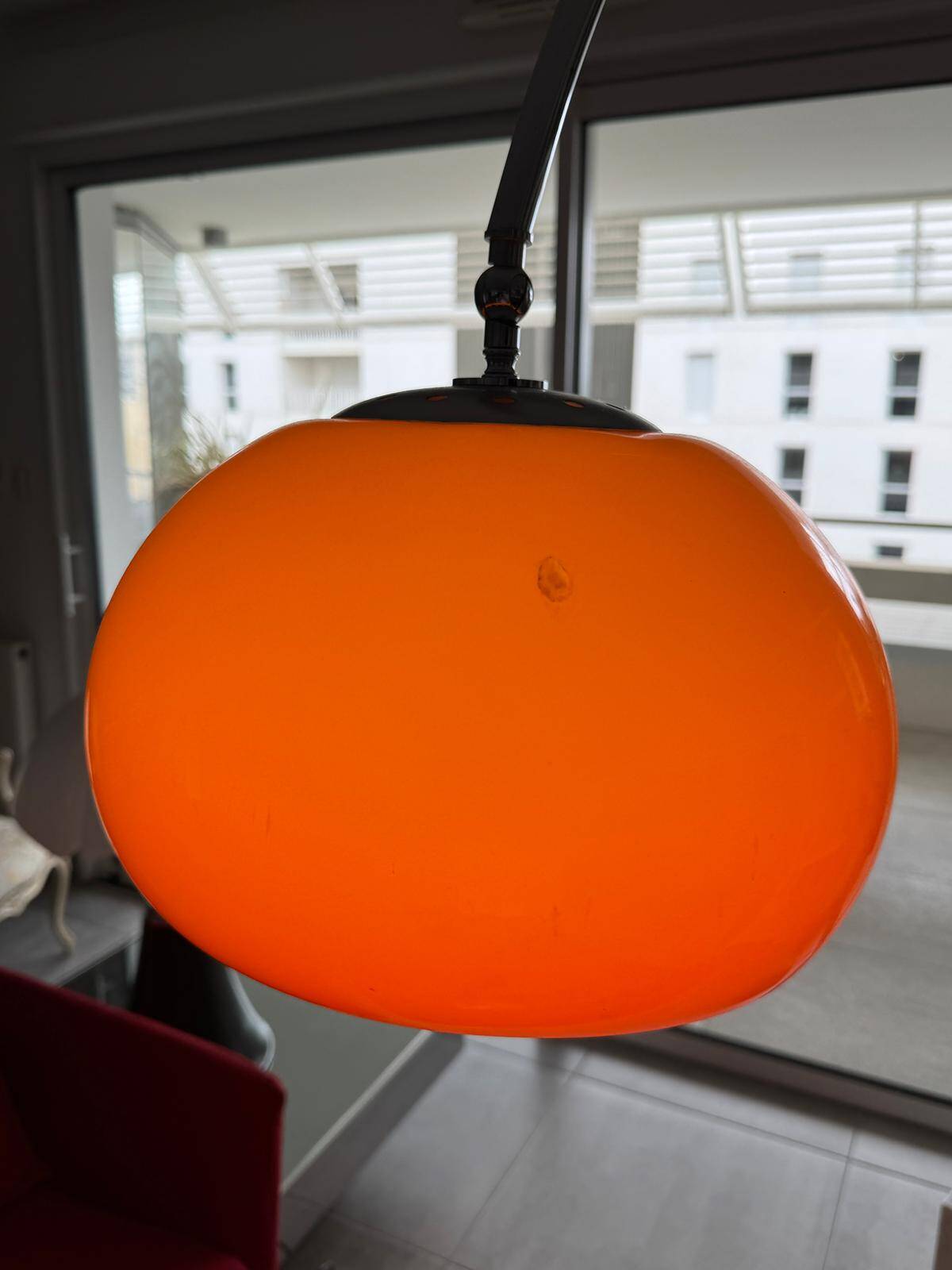 Vintage Space Age 1970 arc floor lamp, orange shade, marble base.