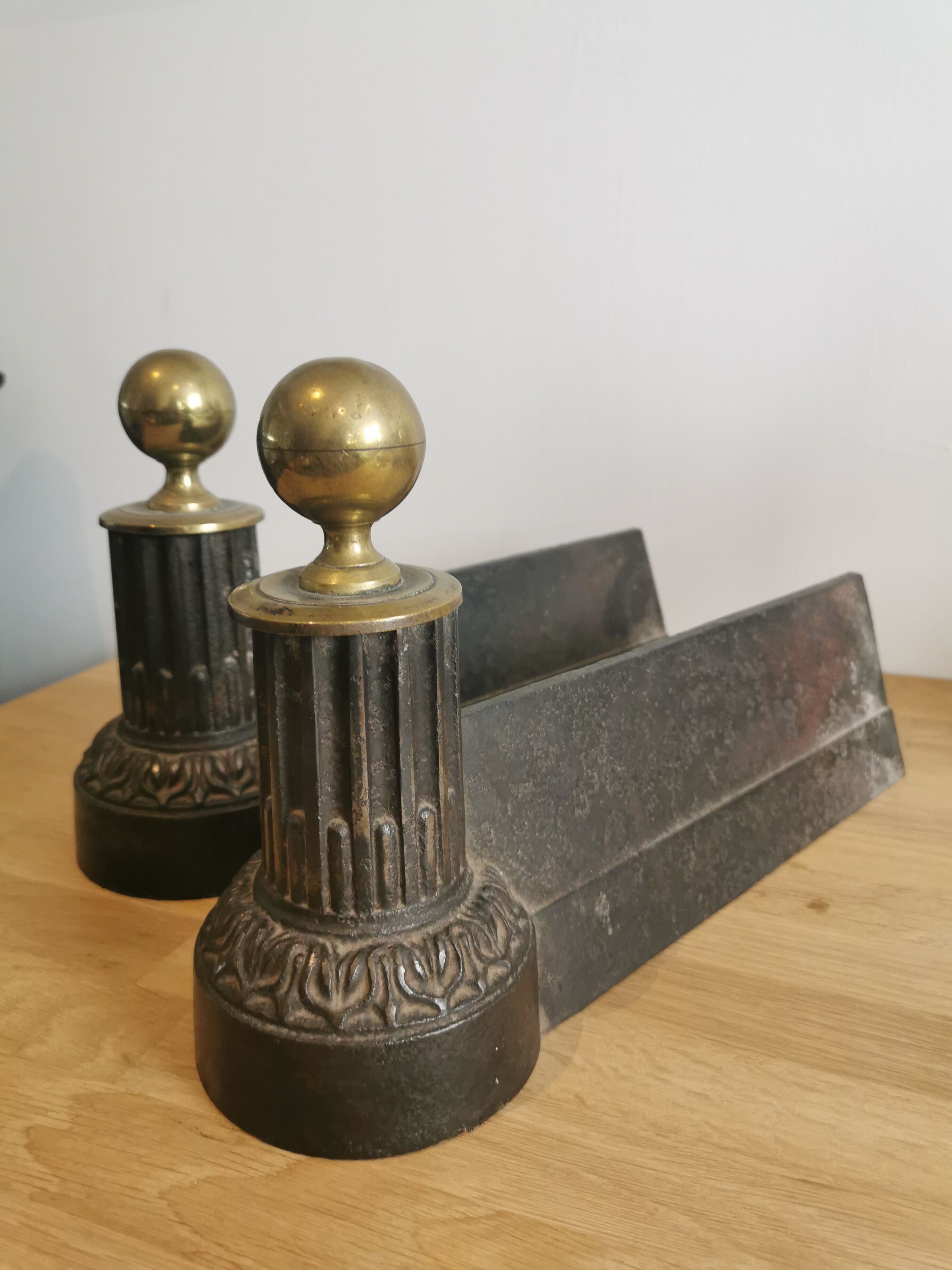 2 cast iron and brass chenets