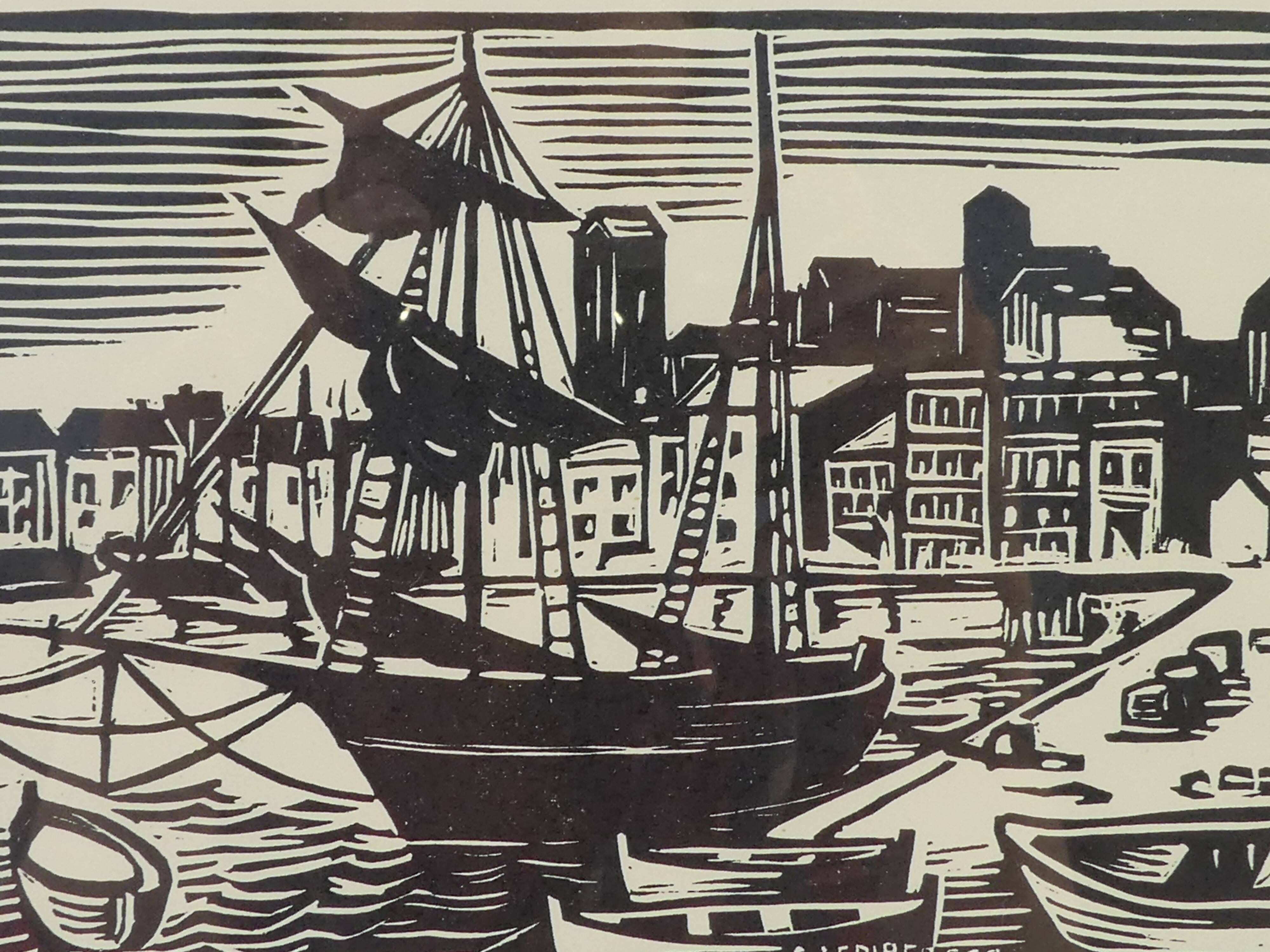 Lithograph print signed c. lediberder boat in port 68/250