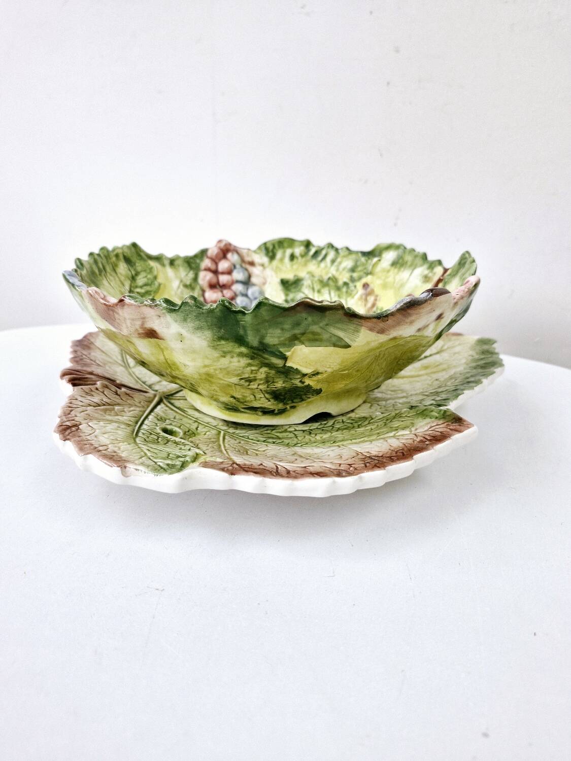 Vintage Draining Salad Bowl Signed GV In Grape Vine Leaf Barbotine