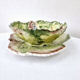 Vintage Draining Salad Bowl Signed GV In Grape Vine Leaf Barbotine