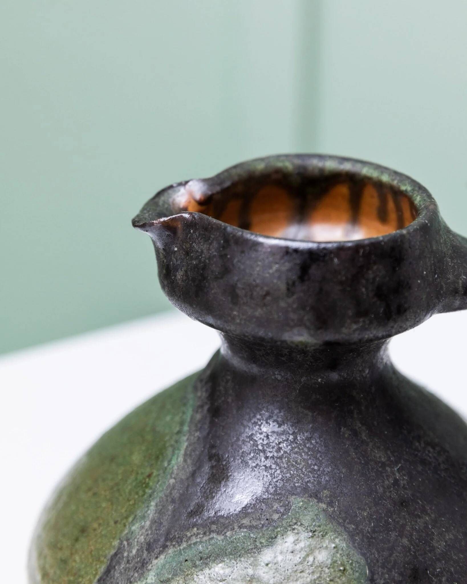 Green-Black Fat Lava Ceramic Vase by Luise Duncker Studio, Vintage 1970s Mid-Century