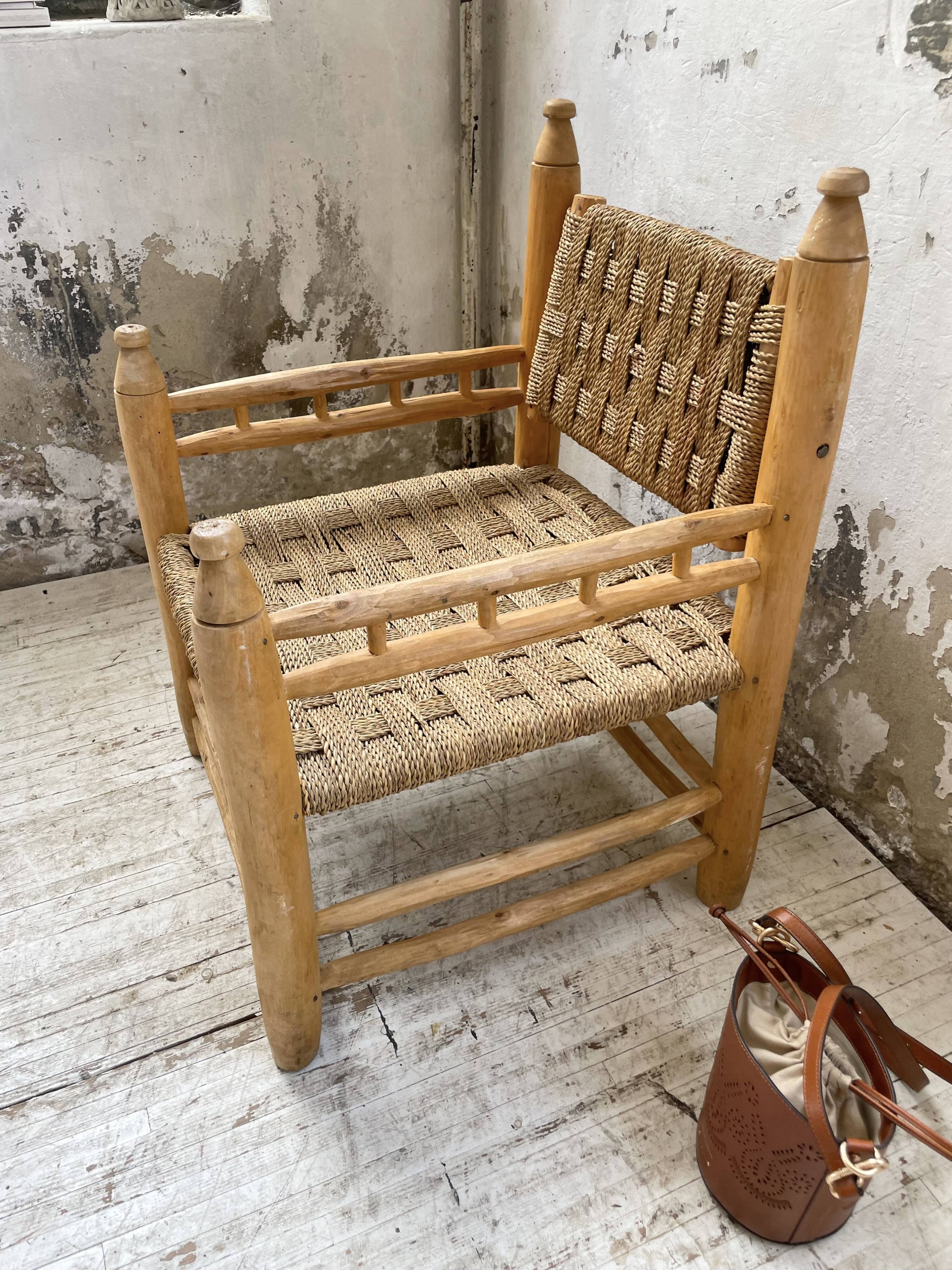 Moroccan wooden and rope armchair