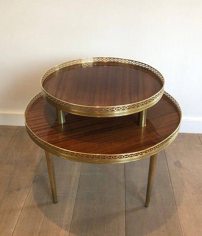 Tripod gueridon in neoclassical style made of mahogany, brass, and a golden metal base.