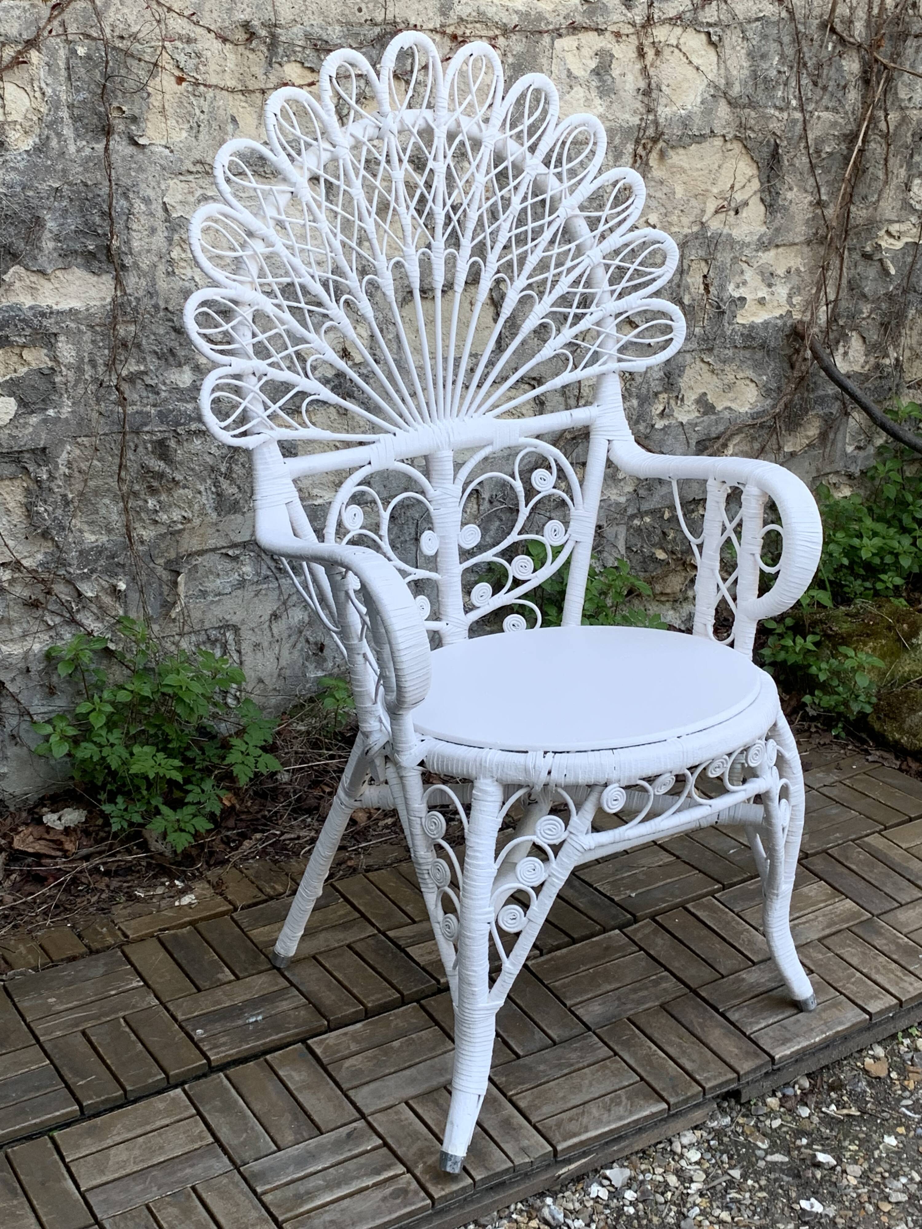 Emmanuelle Peacock white rattan armchair 1970