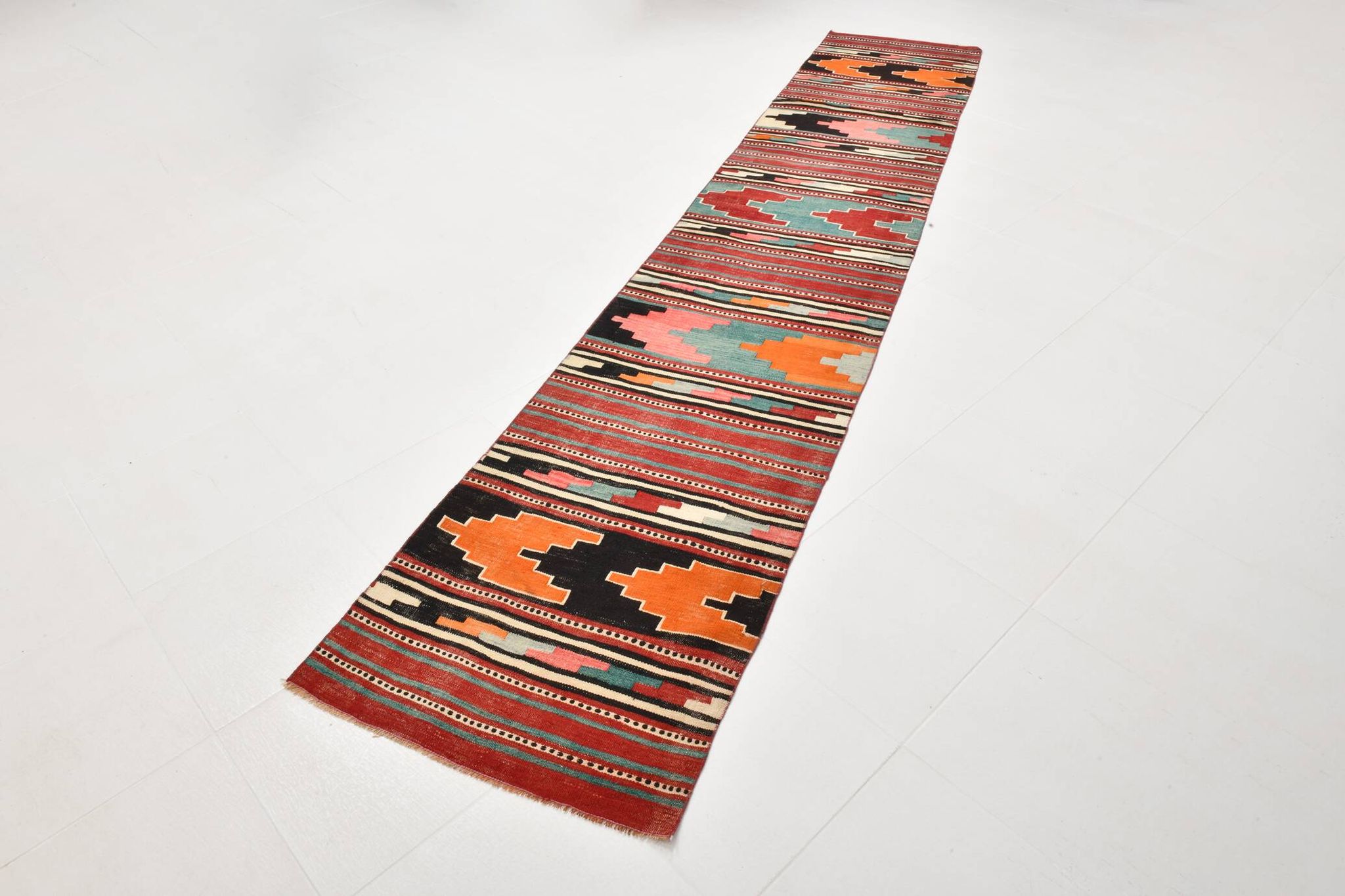 2x13 Green & Red Stair Kilim Runner Rug, 72x387Cm
