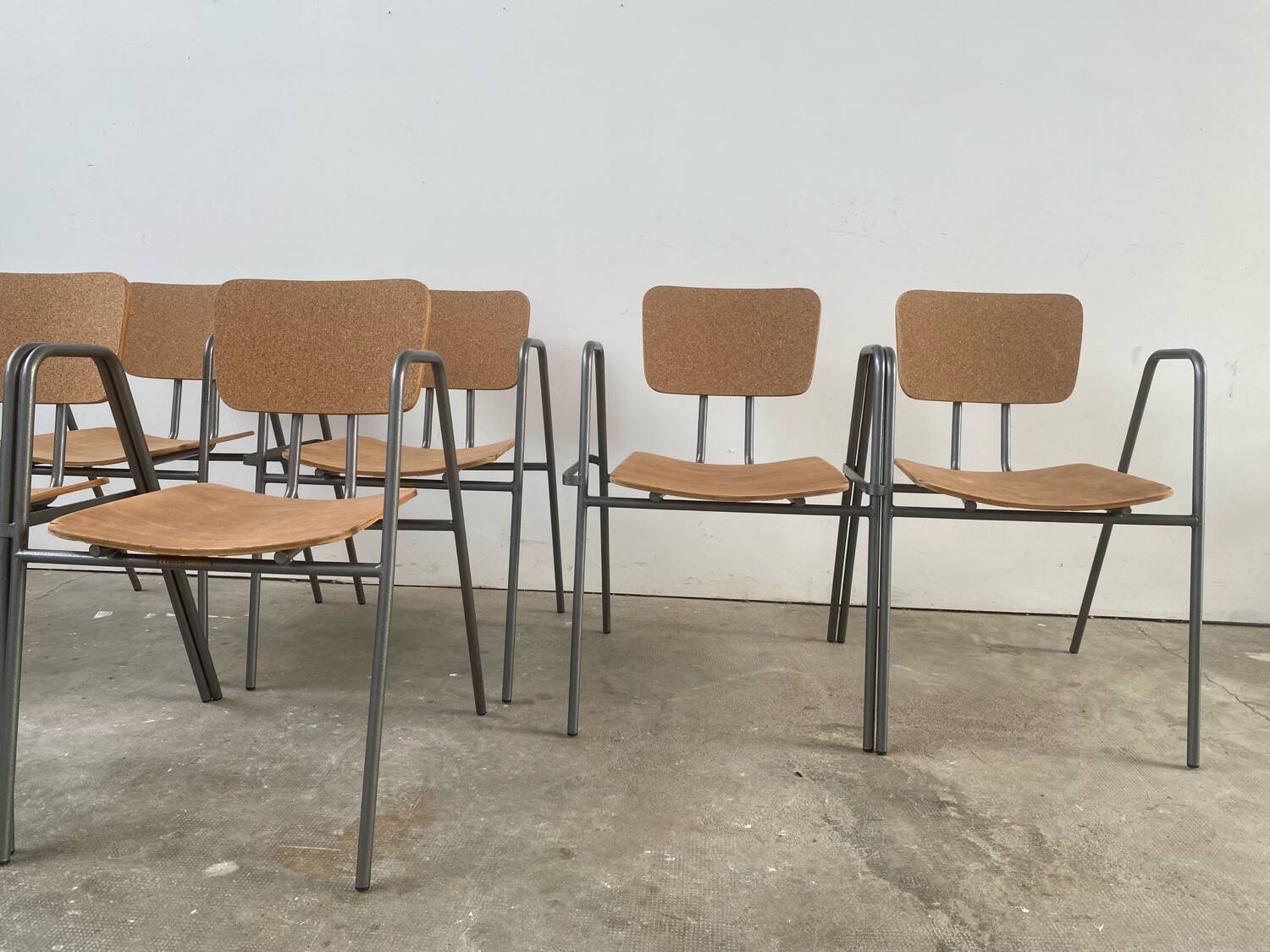 Brutalist Aranjou style table in elm and 6 Stella chairs.