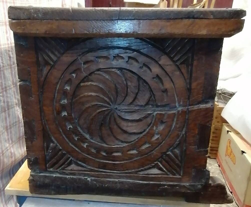 18th century high mountain chest, in solid oak and forged parts.