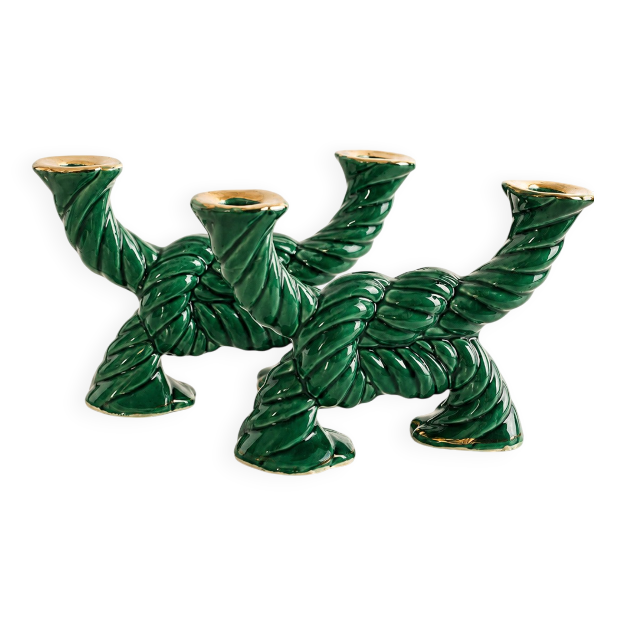 Set of 2 bohemian green ceramic candle holders.