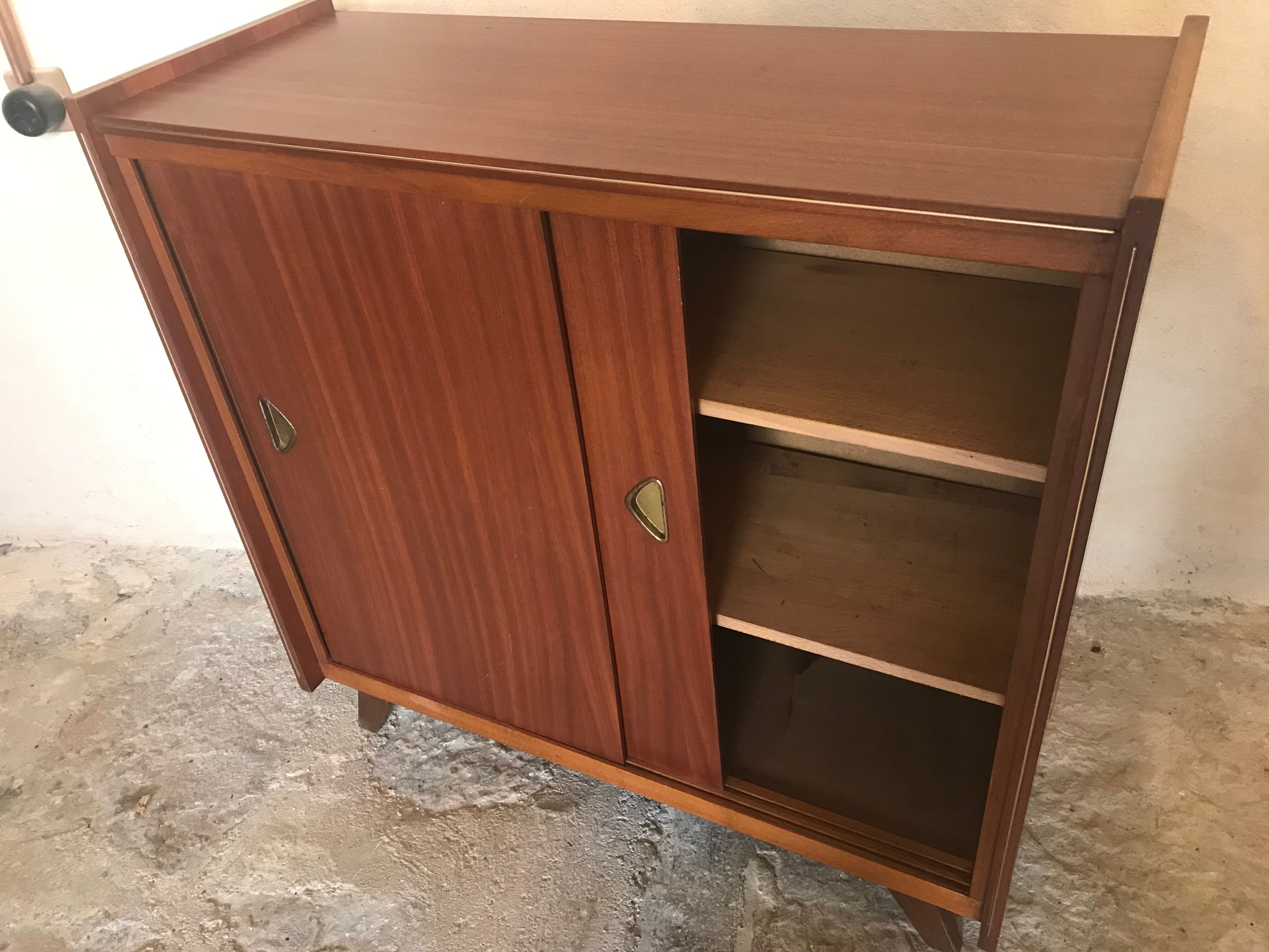 Vintage storage cabinet teak veneer sliding door compass feet