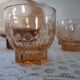 Pink glass liqueur carafe and 6 matching glasses