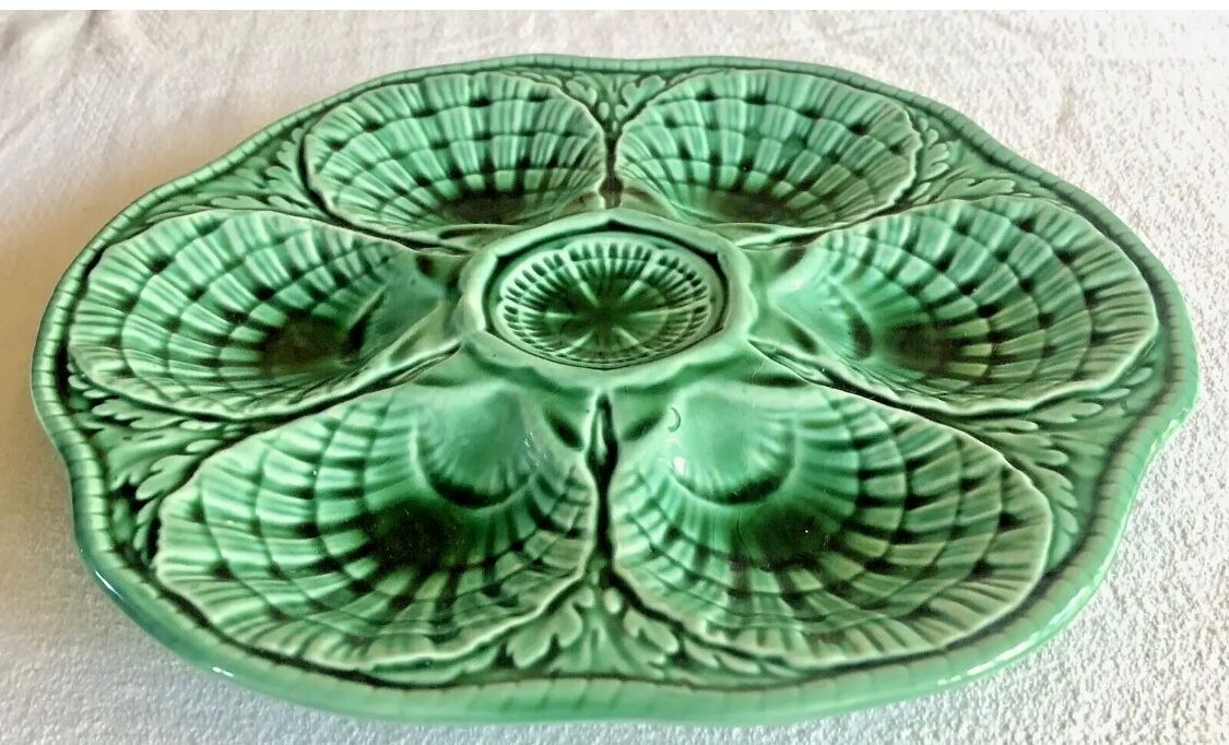 7 old oyster plates Sarreguemines green slurry