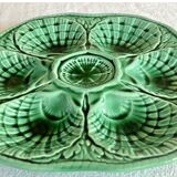 7 anciennes assiettes à huîtres barbotine verte sarreguemines