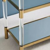 Lucite bookshelf with polished brass-plated stainless steel accents
