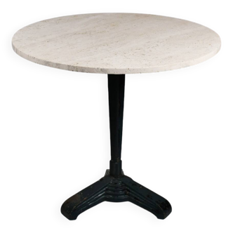 Vintage travertine bistro/dining table with metal base.