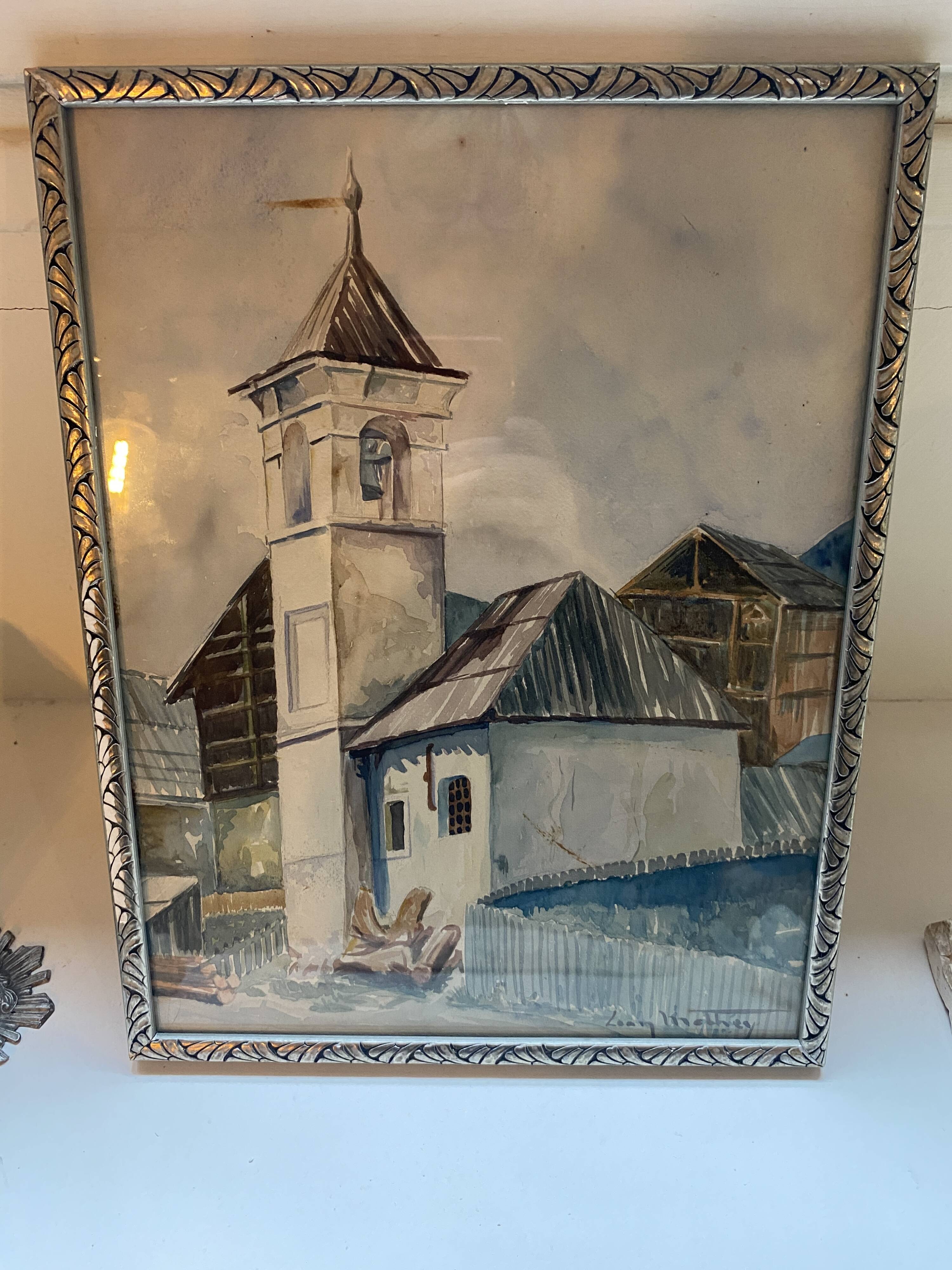 Aquarelle 1920, cadre bois sculpté argenté