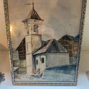 Aquarelle 1920, cadre bois sculpté argenté