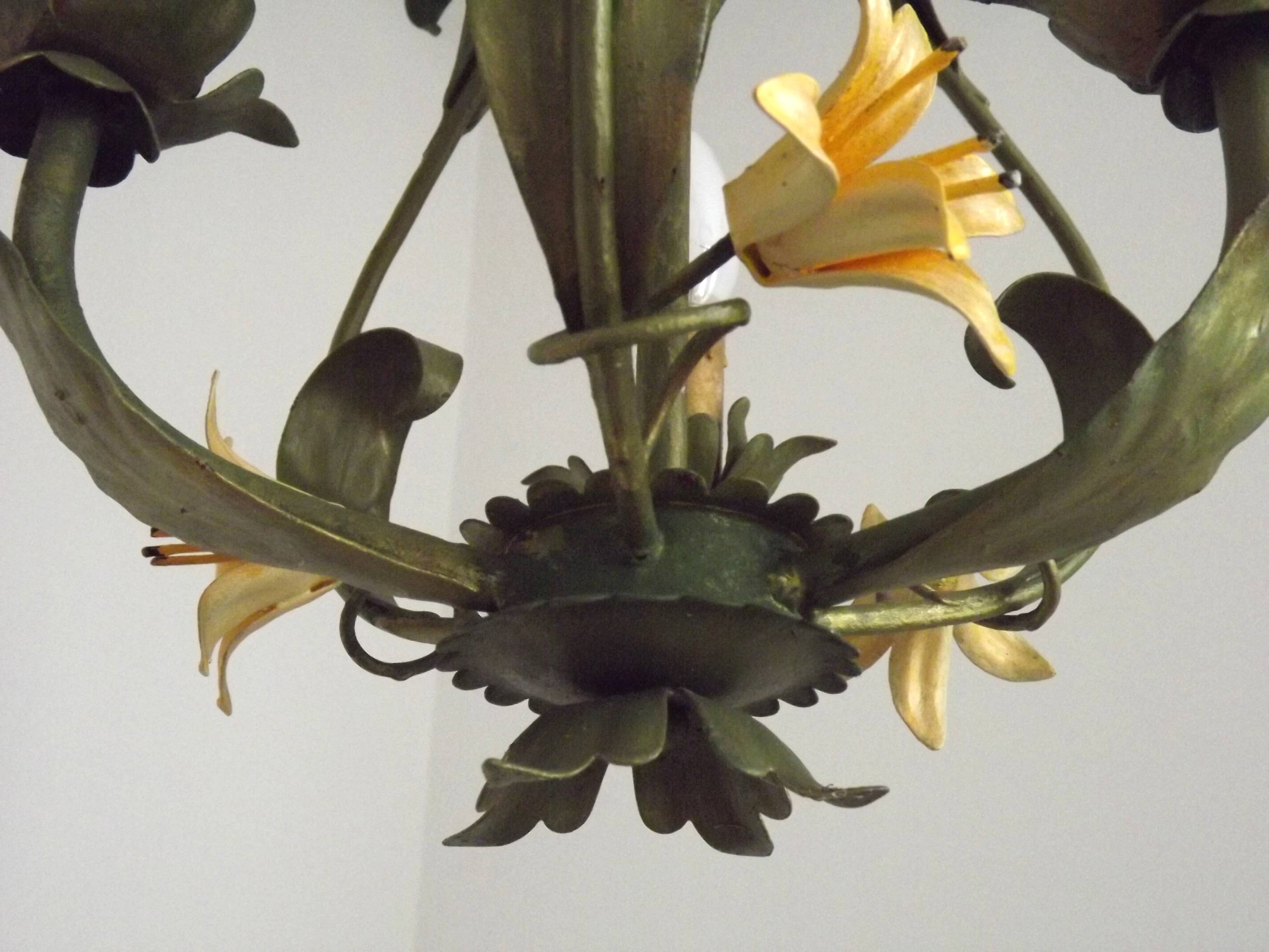 French Vintage 3 Light Cage Chandelier Hand Painted Floral Design