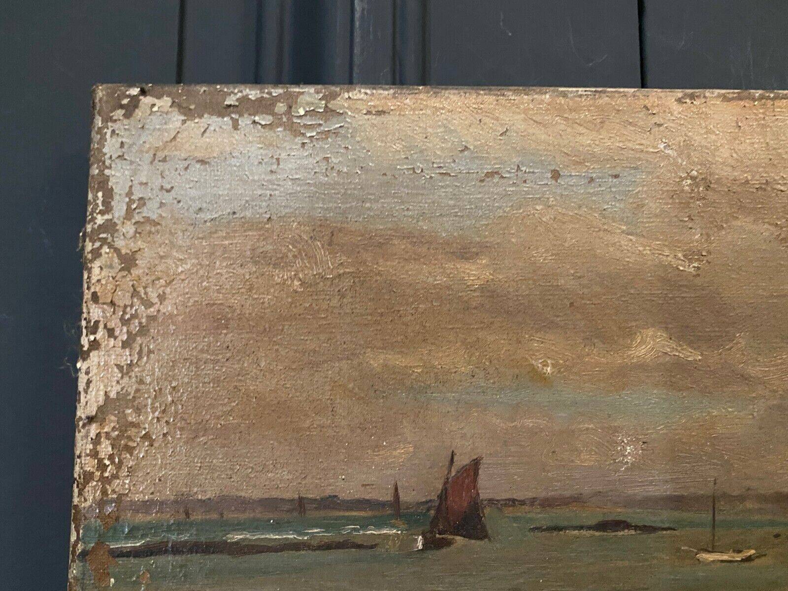 Oil on canvas seaside marine boat early 20th century