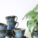 Serving of 6 cups and under cups in stoneware, Manziat, vintage