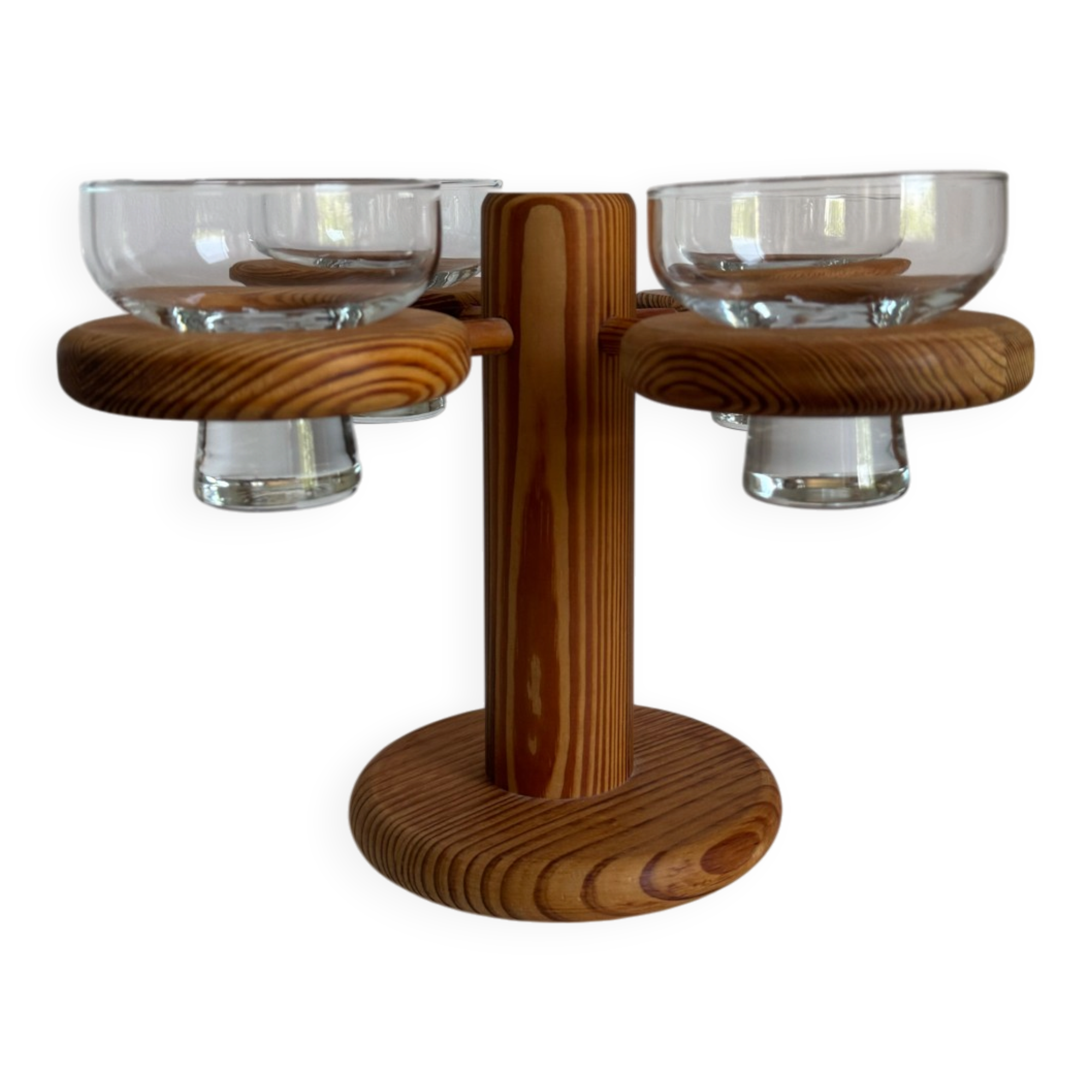 Vintage Mid Century Large Wood Candelabra With Four Glass Cups