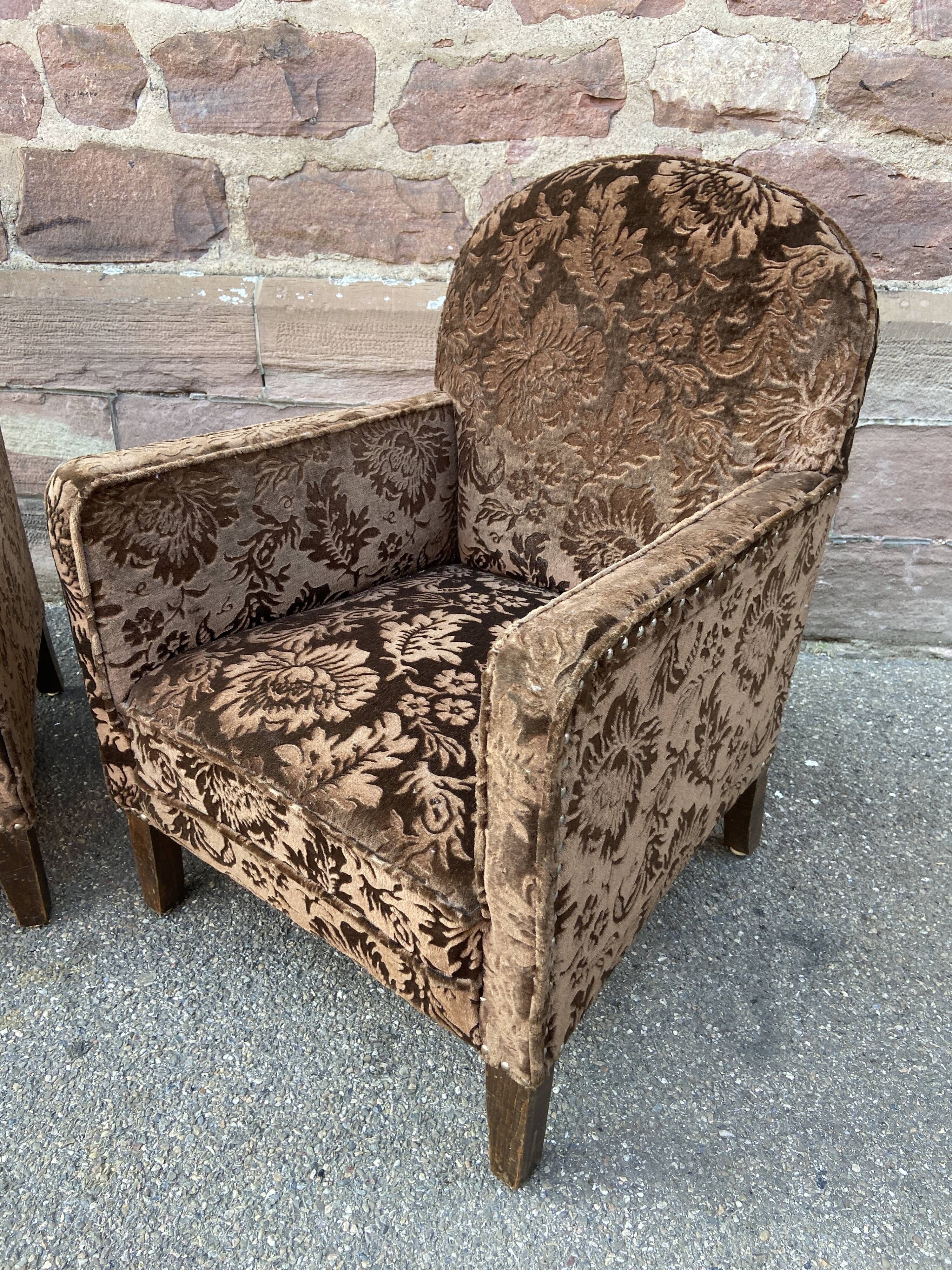 Pair of 1930 vintage art deco club armchairs in velvet