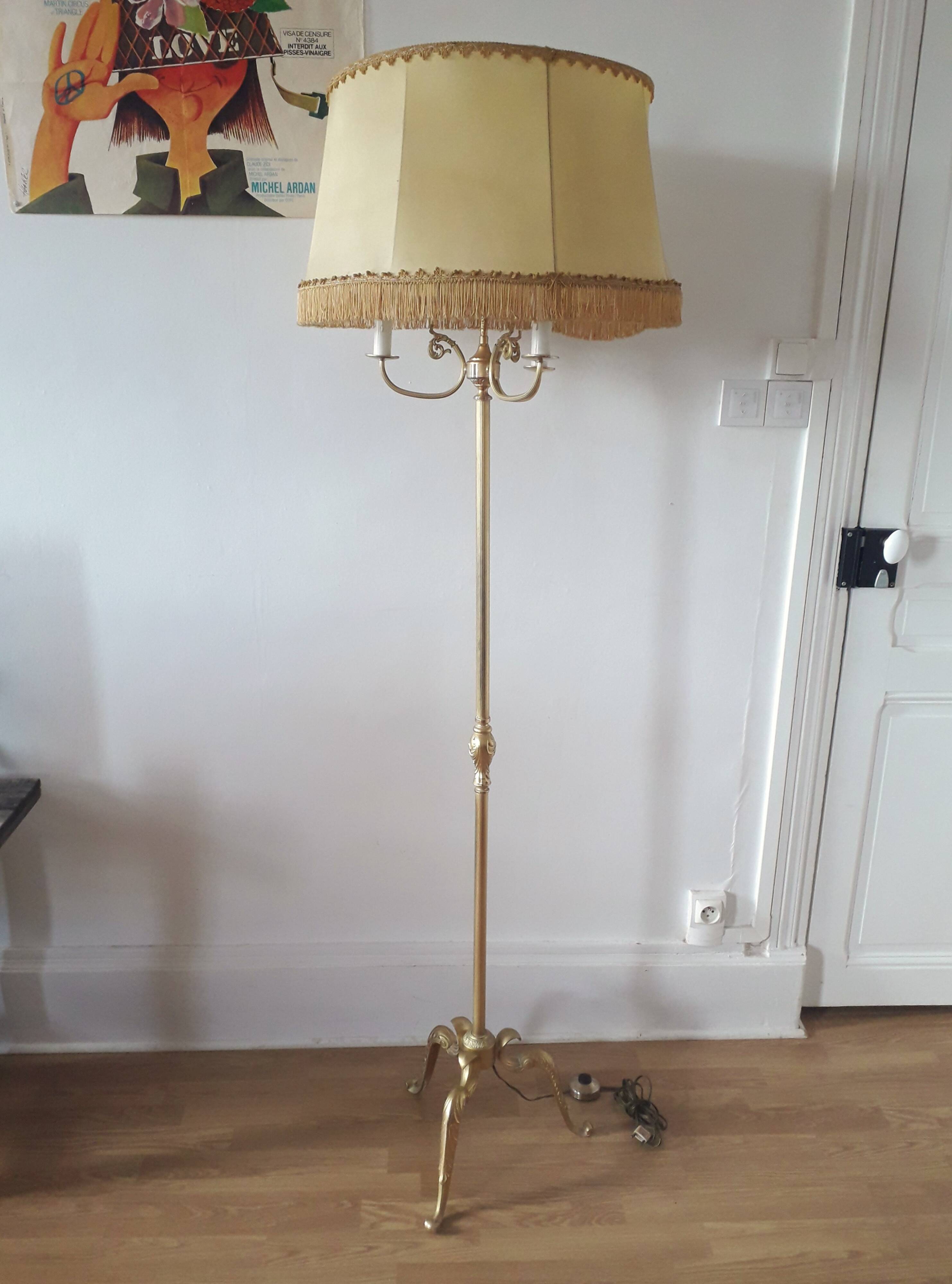 Brass tripod floor lamp - 3 lights Baroque style - 1960